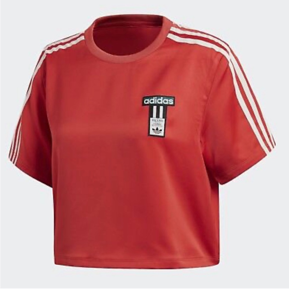 Satin adidas crop top stripes on sleeves beautiful condition size large